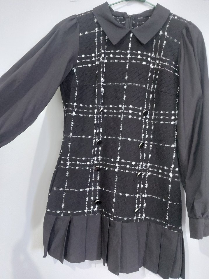 Kareli Pilili Siyah Mini Elbise - Görsel 5