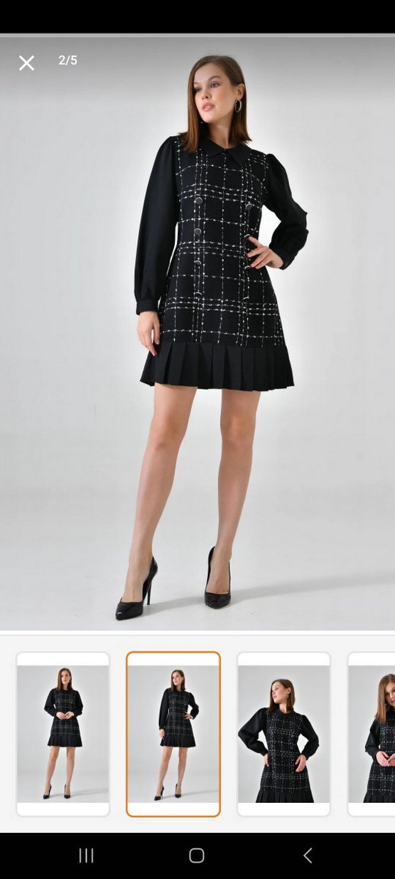 Kareli Pilili Siyah Mini Elbise - Görsel 2