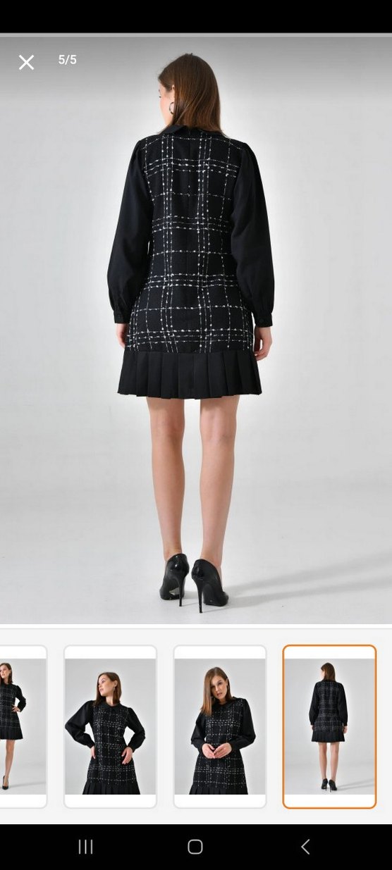 Kareli Pilili Siyah Mini Elbise - Görsel 3