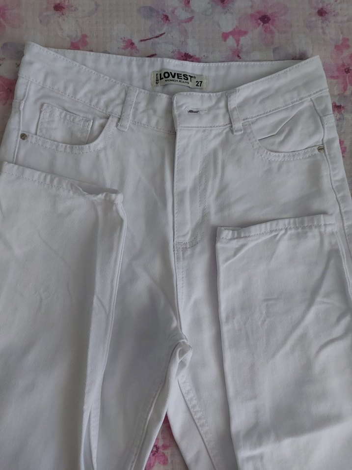 Beyaz Midi Boy Pamuklu Kot Pantolon - Görsel 4