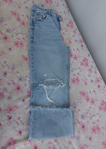 Düğmeli Gevşek Kesim Mavi Kadın Kot Pantolon - Görsel 5