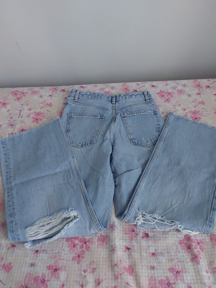 Düğmeli Gevşek Kesim Mavi Kadın Kot Pantolon - Görsel 3