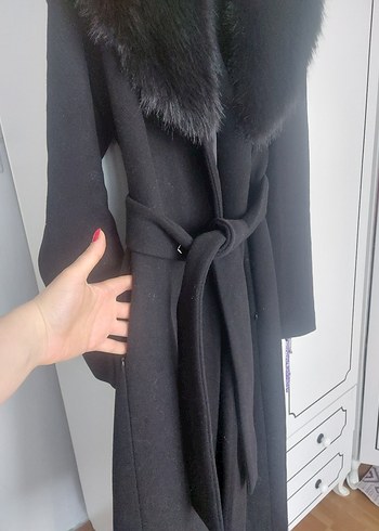 Siyah Kadın Uzun Denim Kemerli Palto - Görsel 12