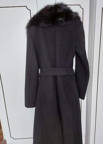 Siyah Kadın Uzun Denim Kemerli Palto - Görsel 9