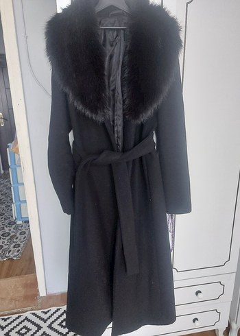 Siyah Kadın Uzun Denim Kemerli Palto - Görsel 13