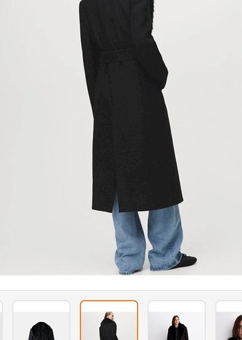 Siyah Kadın Uzun Denim Kemerli Palto - Görsel 2