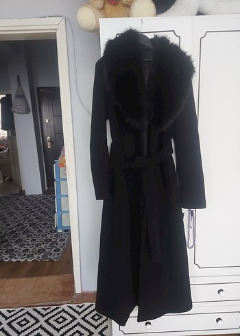 Siyah Kadın Uzun Denim Kemerli Palto - Görsel 11