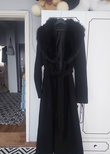 Siyah Kadın Uzun Denim Kemerli Palto - Görsel 14