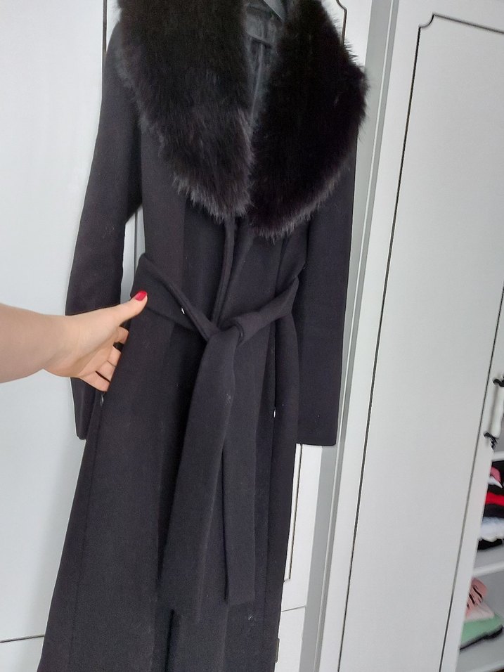 Siyah Kadın Uzun Denim Kemerli Palto - Görsel 3