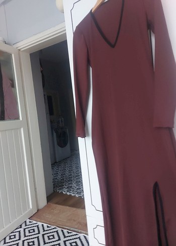 Bordo Uzun Kollu V Yaka Uzun Elbise - Görsel 6