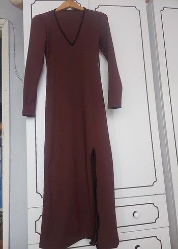 Bordo Uzun Kollu V Yaka Uzun Elbise - Görsel 2