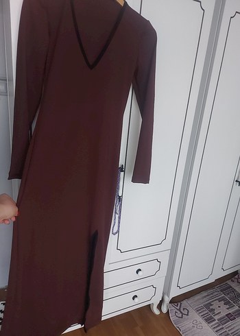 Bordo Uzun Kollu V Yaka Uzun Elbise - Görsel 3