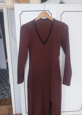 Bordo Uzun Kollu V Yaka Uzun Elbise - Görsel 5