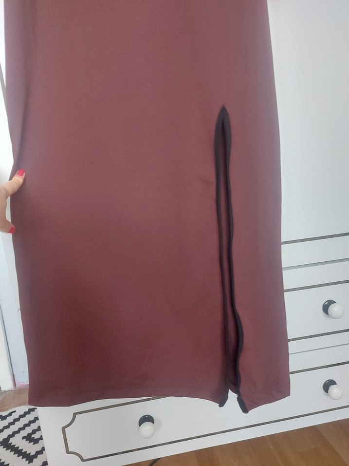 Bordo Uzun Kollu V Yaka Uzun Elbise - Görsel 4