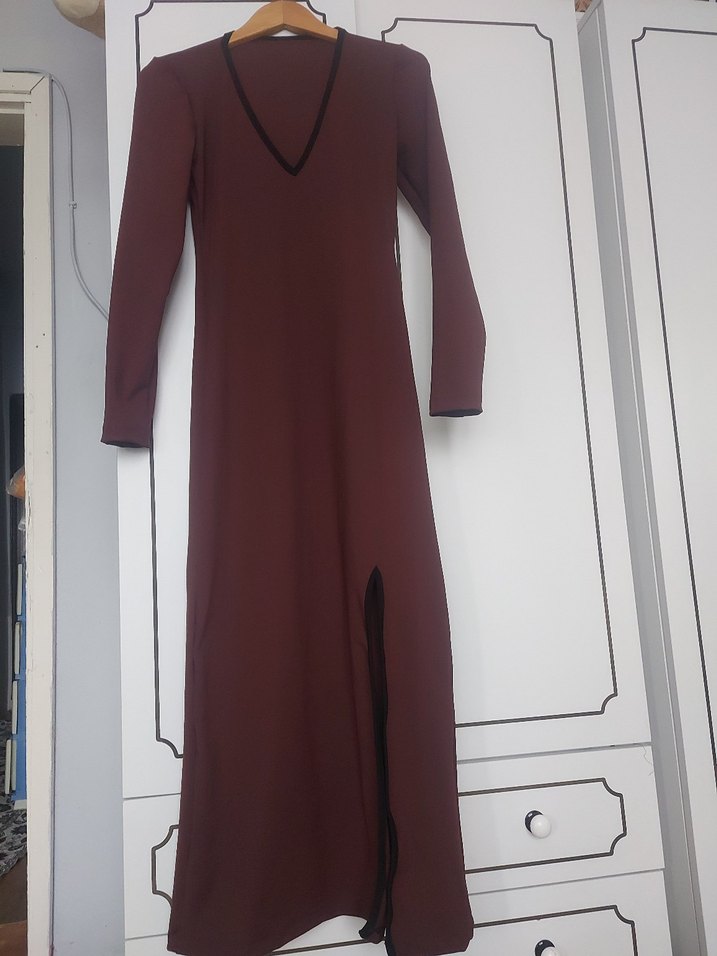 Bordo Uzun Kollu V Yaka Uzun Elbise - Görsel 2
