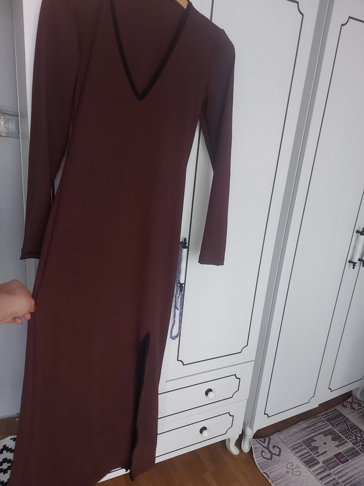 Bordo Uzun Kollu V Yaka Uzun Elbise - Görsel 3