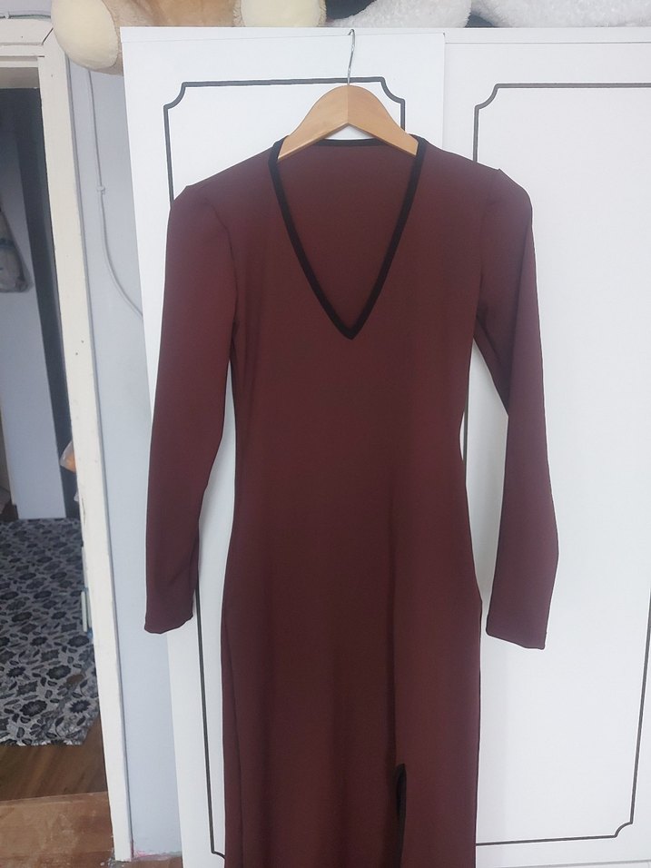 Bordo Uzun Kollu V Yaka Uzun Elbise - Görsel 5