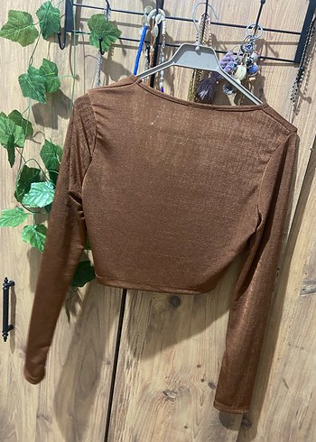Kahverengi Uzun Kollu Kısa Kesim Bluz - Görsel 2