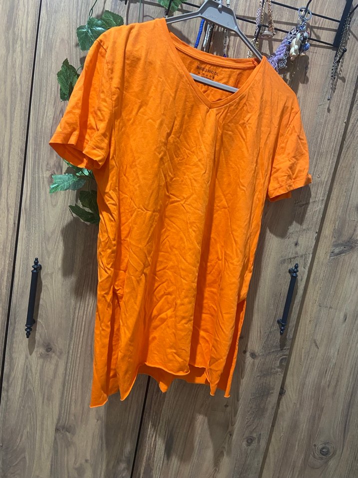 Turuncu V Yakalı Keten Kadın Tişört - Görsel 2