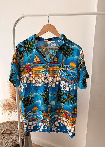 American Retro Mavi Bohem Kisa Kollu V Yaka Gomlek