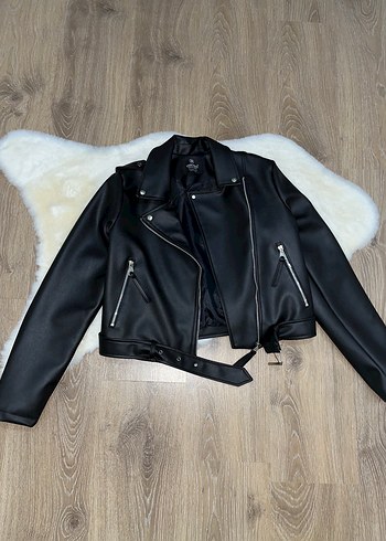 Diğer Kemerli Siyah Biker Deri Ceket
