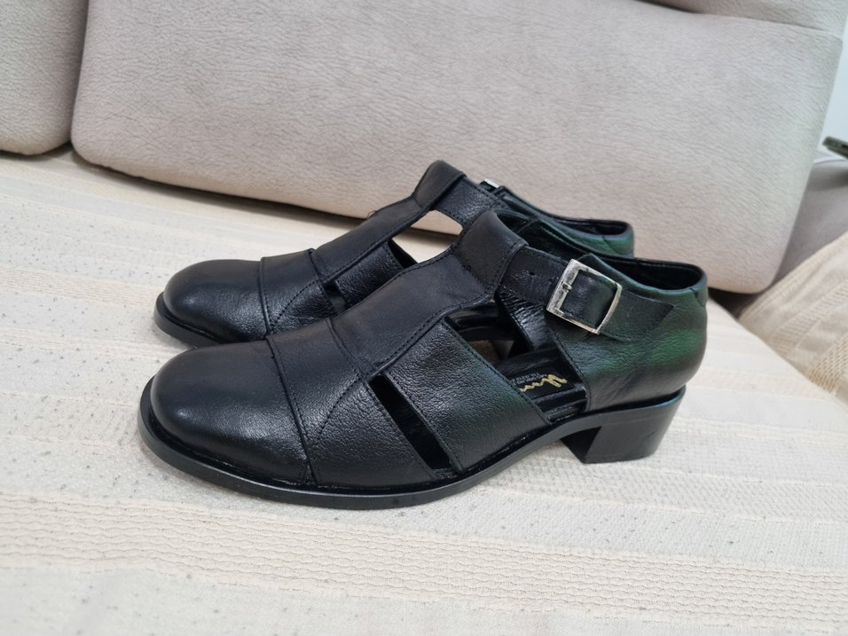 Kadın Siyah Deri , Tokalı Topuklu Sandalet - Görsel 2