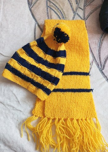 Sarı Lacivert Çizgili Örgü Erkek Bere ve Atkı Seti