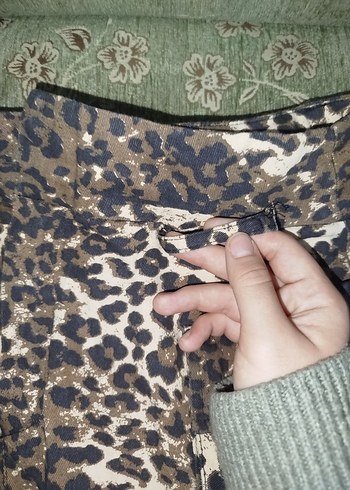 QUZU Artistic Style Keten Kahverengi Leopar  Kadın Mini Etek - Görsel 3