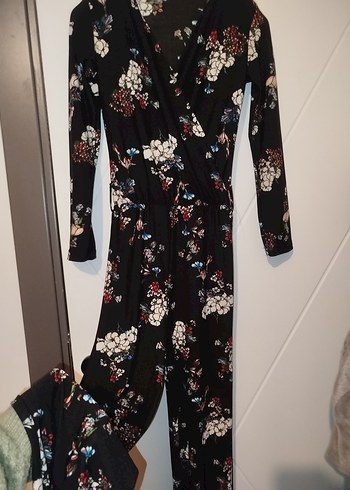 Çiçek Desenli Likralı Uzun Kollu Siyah Bohem Tulum - Görsel 4