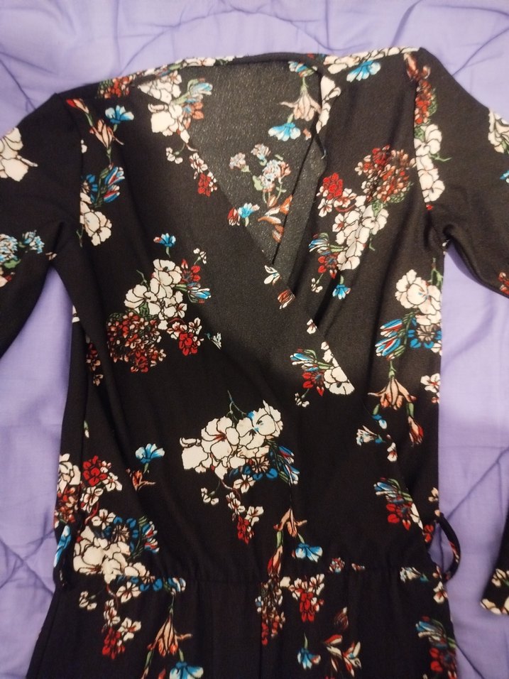 Çiçek Desenli Likralı Uzun Kollu Siyah Bohem Tulum - Görsel 2