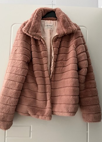 Pastel Pembe Midi Boy Kürk Detaylı Peluş Ceket