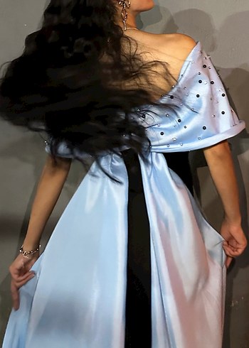 Drapeli Mavi ve Siyah Uzun Abiye Elbise - Görsel 2