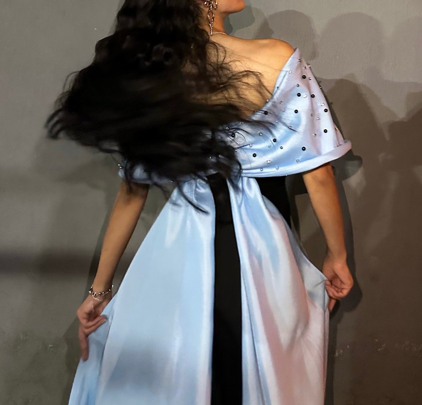 Drapeli Mavi ve Siyah Uzun Abiye Elbise - Görsel 2