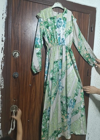 Drapeli Bohem Uzun Kollu Yeşil Elbise