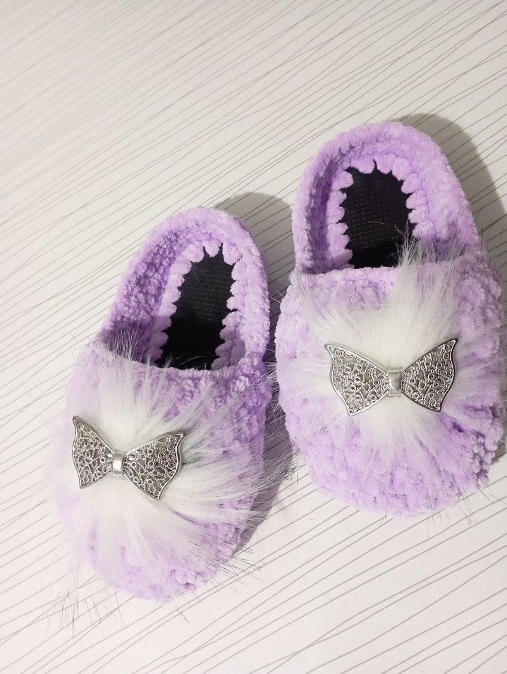 Kız Çocuk Mor Kürklü Örgü Ev Terliği - Görsel 3