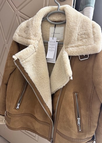Bej Süet Kadın Ceket, Kürklü, biker ceket - Görsel 2