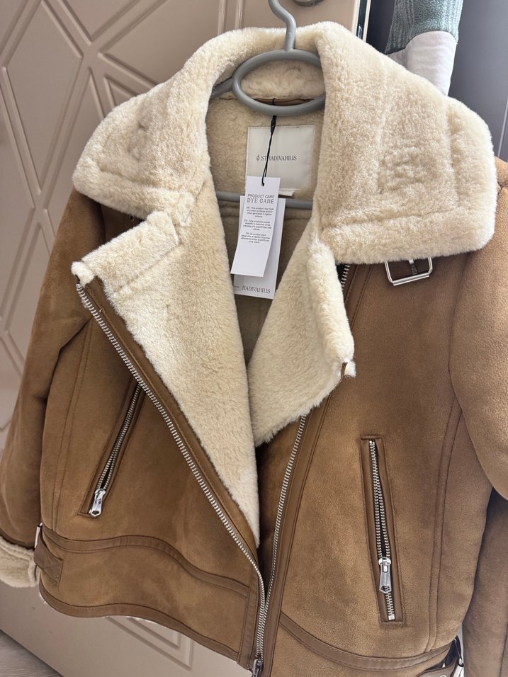 Bej Süet Kadın Ceket, Kürklü, biker ceket - Görsel 2