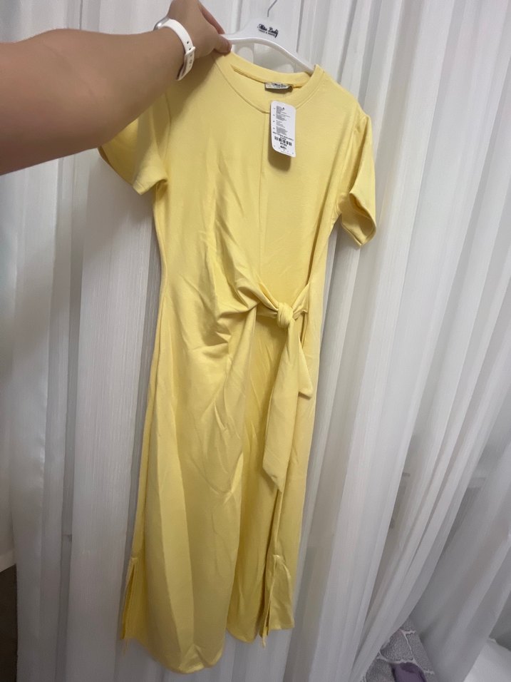 Sarı Midi bağcıklı Kısa Kollu Elbise - Görsel 3