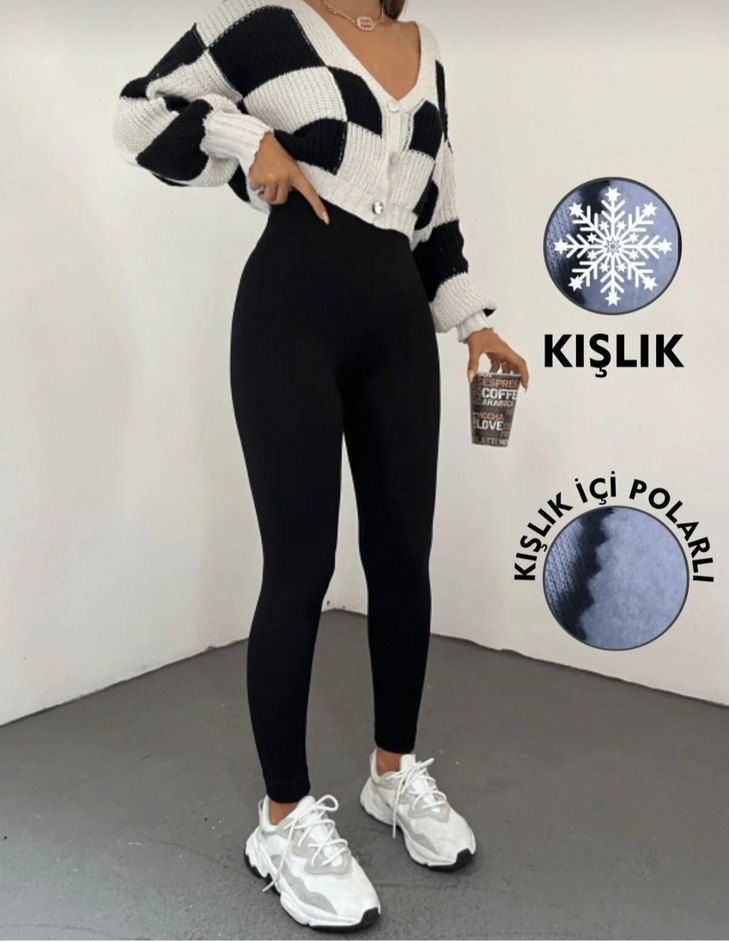 Kadın Siyah Pamuklu Kışlık Tayt - Görsel 2