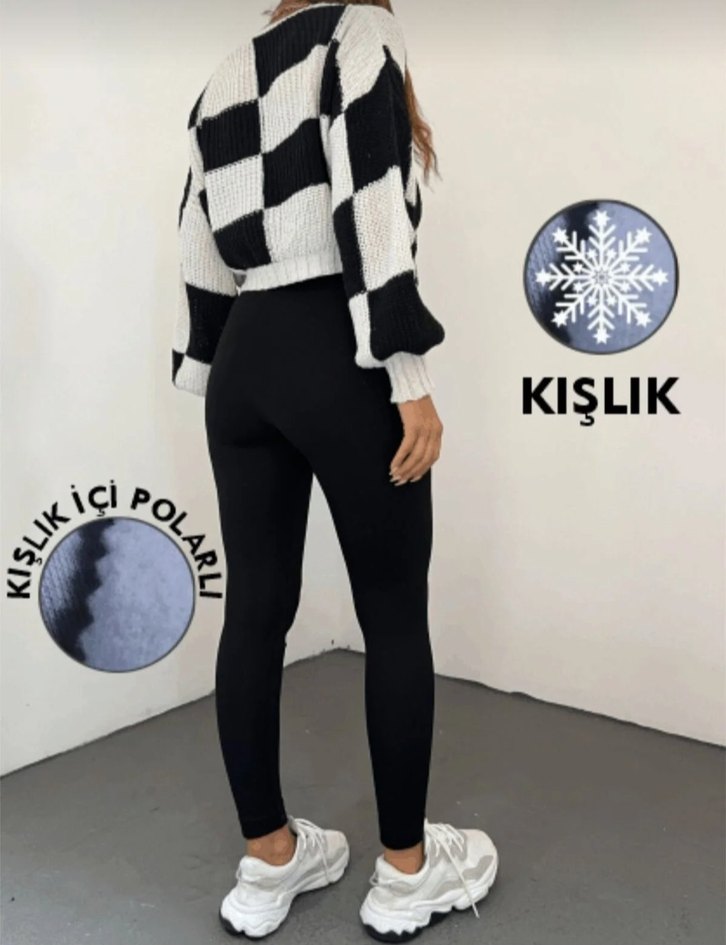 Kadın Siyah Pamuklu Kışlık Tayt - Görsel 5