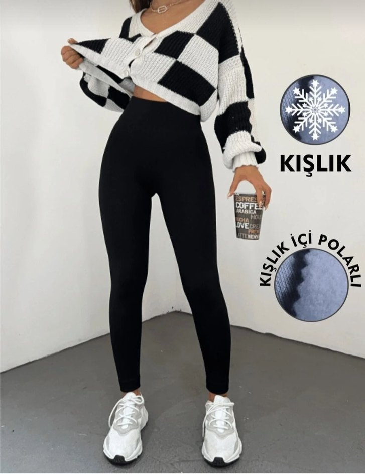 Kadın Siyah Pamuklu Kışlık Tayt - Görsel 3