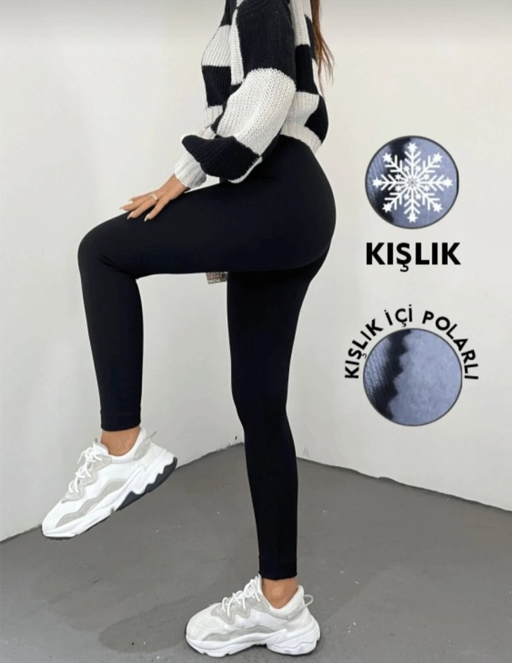 Kadın Siyah Pamuklu Kışlık Tayt - Görsel 4