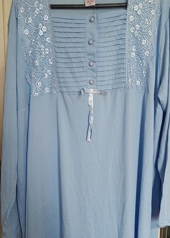 Nakışlı Uzun Kollu Mavi Kadın Gecelik - Görsel 2