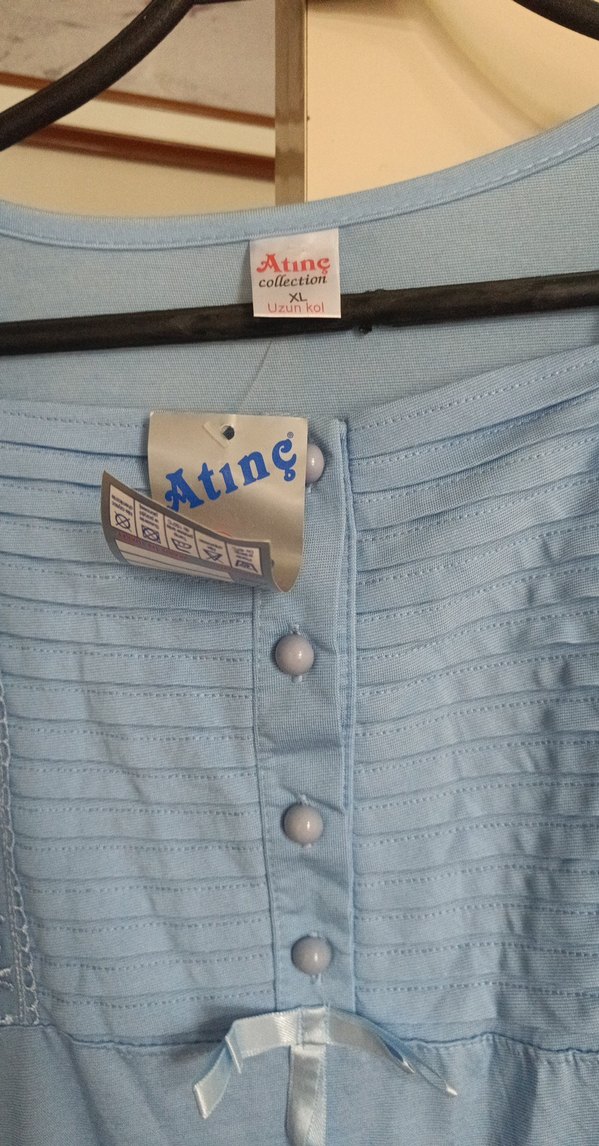 Nakışlı Uzun Kollu Mavi Kadın Gecelik - Görsel 4