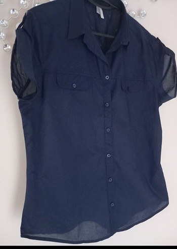 Defacto Lacivert Denim Kadın Kısa Kollu Gömlek