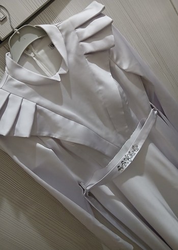 Uzun Kollu Beyaz Kadın Abiye Elbise - Görsel 2