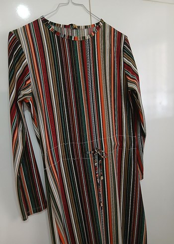 Çizgili Uzun Kollu Pileli Bohem Elbise - Görsel 6