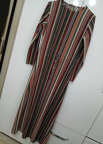 Çizgili Uzun Kollu Pileli Bohem Elbise - Görsel 3