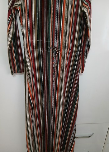 Çizgili Uzun Kollu Pileli Bohem Elbise - Görsel 2