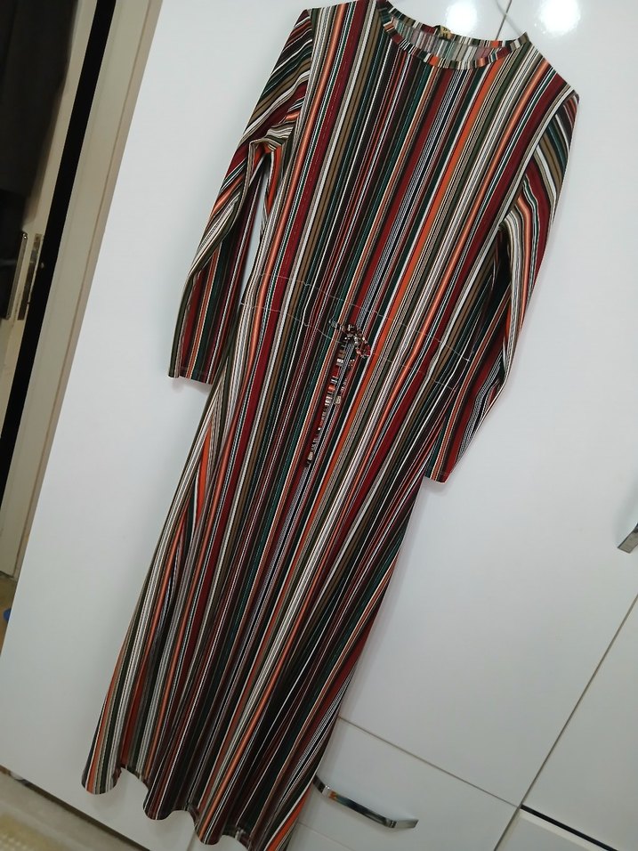 Çizgili Uzun Kollu Pileli Bohem Elbise - Görsel 3